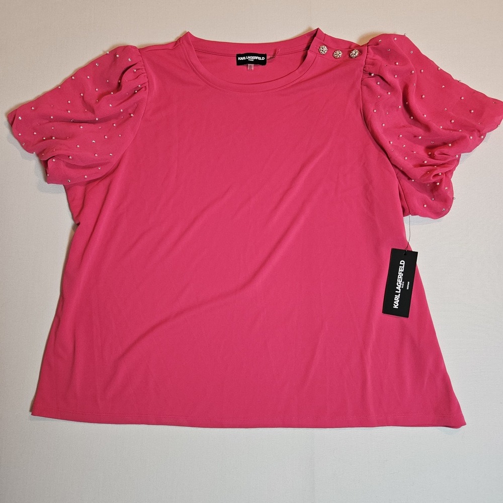 Karl Lagerfeld Paris 2X Pink Puff Sleeve Pearl Rhinestone Blouse NWT Dressy Top
